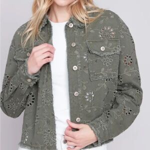 Charlie B Embroidered Eyelet Denim Jacket - Celadon